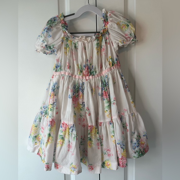 Janie and Jack Girls Floral Puff Sleeve Ruffle Dress Petal Pink (Size 2T)